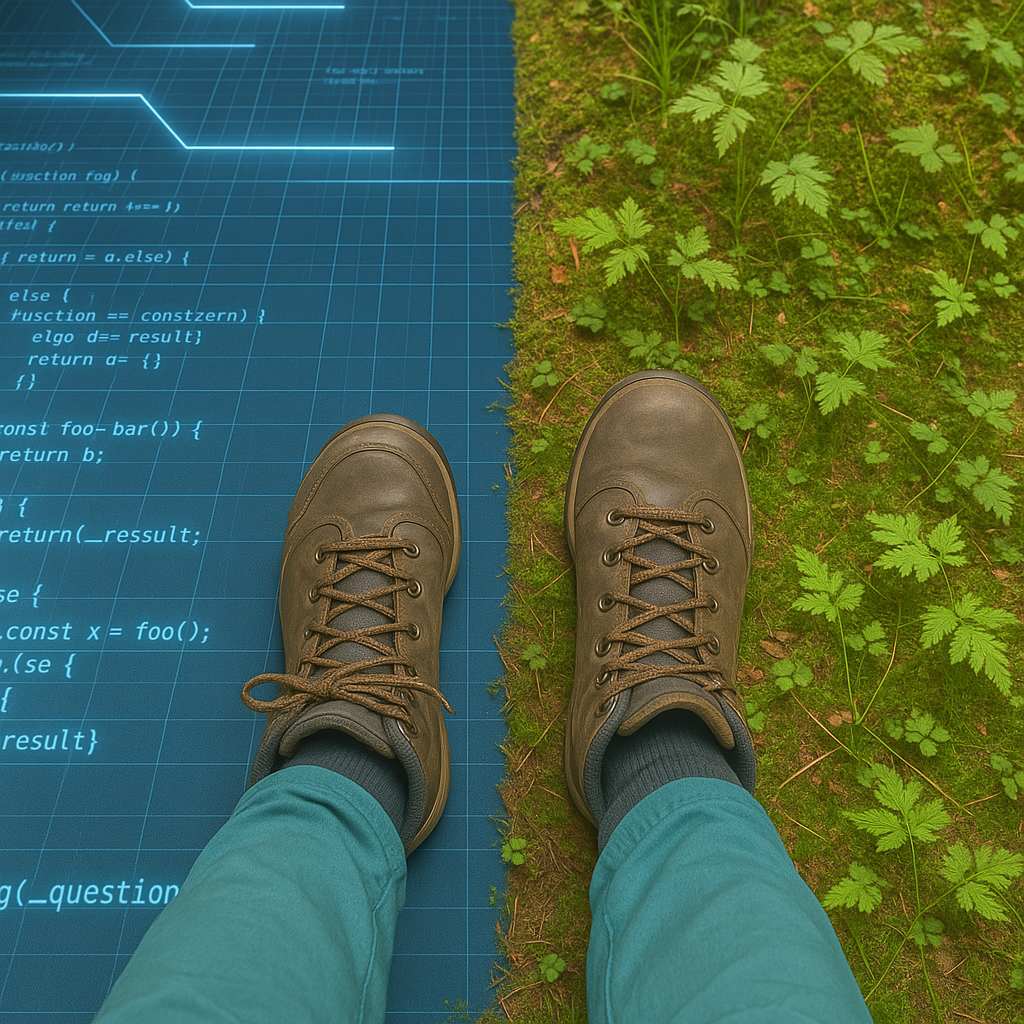 Person working with technology in a natural environment